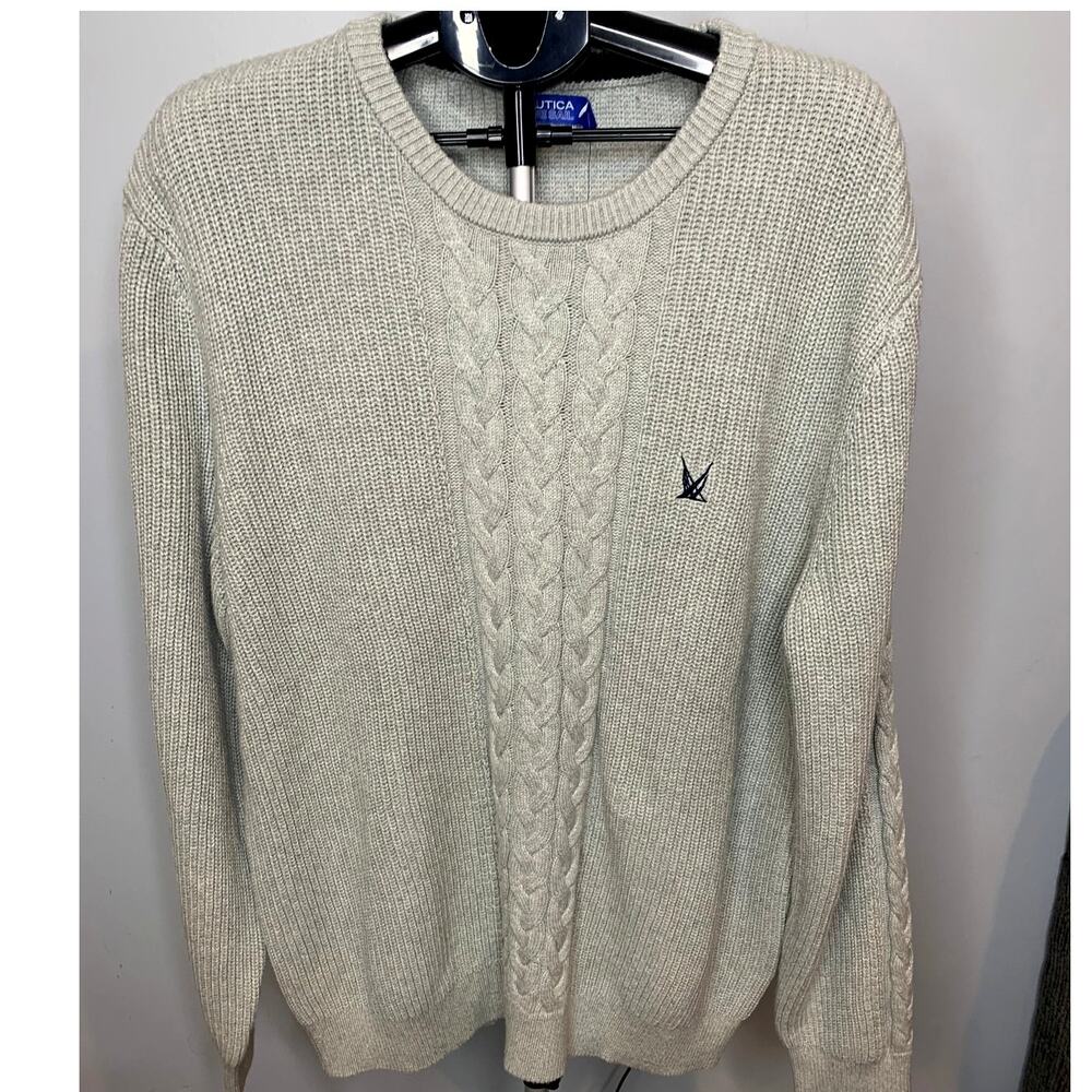 Nautica Men's XL Crew Neck Gray Knit Crew Neck Sweater Grey Heather Blue Sail